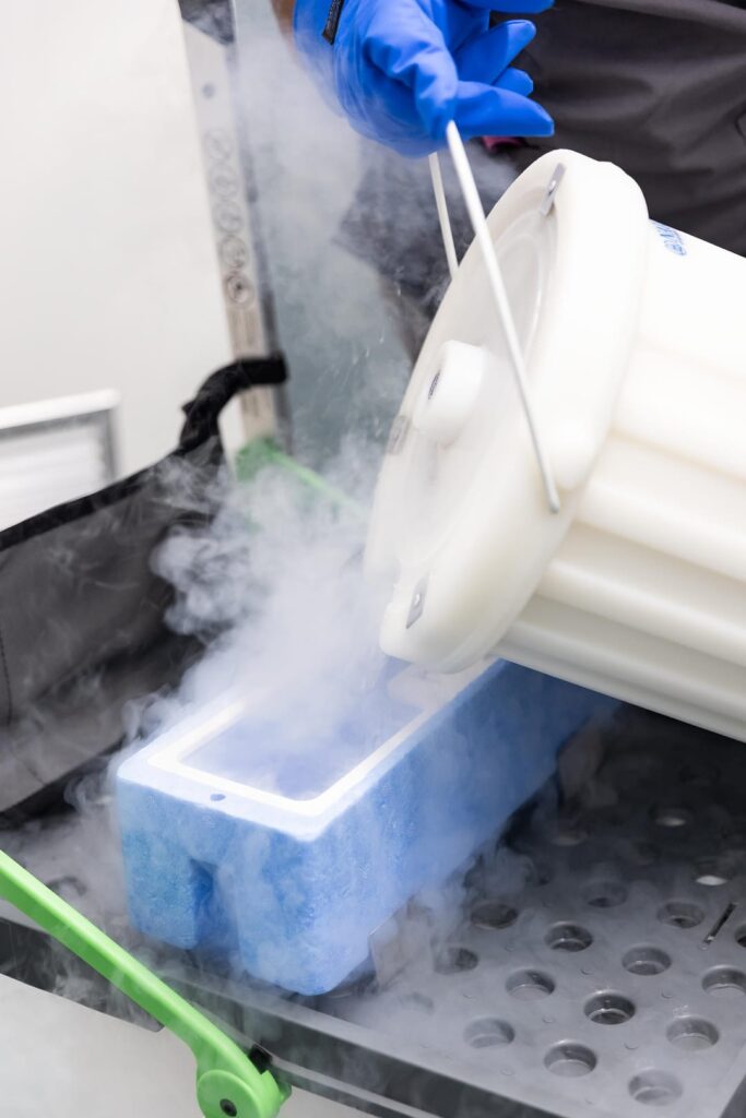 Lab technician pouring liquid nitrogen into a container